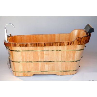 Picture of ALFI brand AB1148 AB1148 59&amp;apos;&amp;apos; Free Standing Oak Wood Bath Tub with Chrome Tub Filler - Natural Wood