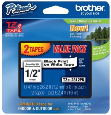 Picture of Brother TZE2312PK TZe Standard Adhesive Laminated Labeling Tapes  1/2w  Black on White  2/Pack