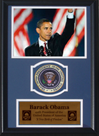 Picture of Encore Select 189-KN23808 Barack Obama Waving with Flags with Presidential Commemorative Patch in a 12 in. x 18 in. Deluxe Photograph Frame
