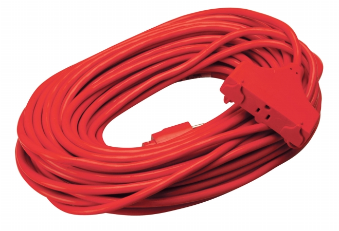 Picture of Coleman Cable 100ft. 14-3 Red 3-Outlet Round Red Extension Cord  04219