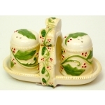 Picture of IWGAC 049-60039 Ceramic Elegant Holly Salt & Pepper with Rack 3pc Set