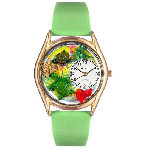 Picture of Whimsical Watches C-0140004 Womens Turtles Green Leather And Goldtone Watch