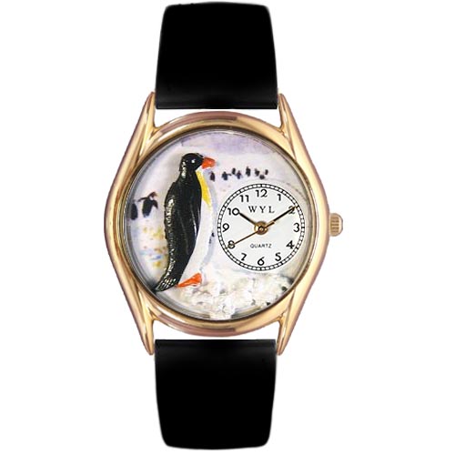 Picture of Whimsical Watches C-0140010 Womens Penguin Black Leather And Goldtone Watch