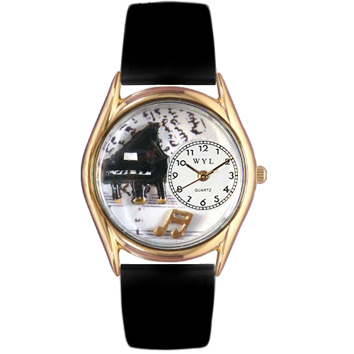 Picture of Whimsical Watches C-0510001 Womens Music Piano Black Leather And Goldtone Watch