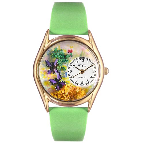 Picture of Whimsical Watches C-1210001 Womens Butterflies Green Leather And Goldtone Watch