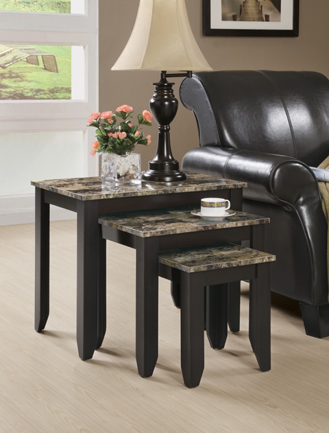 Monarch Specialties I 7982N Nesting Table Set 3Pcs - Cappuccino-Marble Top