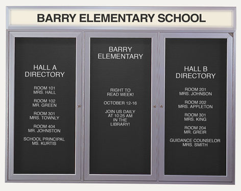 Picture of Ghent PABLX9-BK 48 in. x 72 in. 3-Door Satin Alum Frame with Illuminated Headliner Enclosed Black Changeable Letterboard