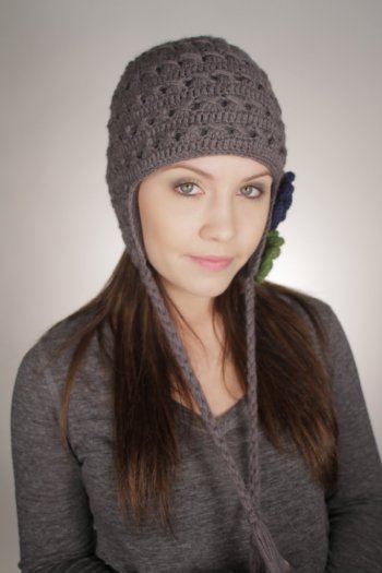 Picture of Nirvanna Designs CH111F2 Crochet Flower Detail Earflap Hat with Fleece - Dark Grey