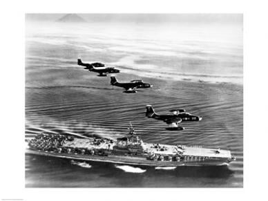 Picture of PVT/Superstock SAL25544078 High angle view of four fighter planes flying over an aircraft carrier  US Navy Banshees  USS Coral Sea -CV-43- -24 x 18- Poster Print