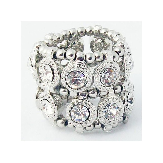 Silvertone Clear Crystal 2-row Disc Stretch Fashion Ring