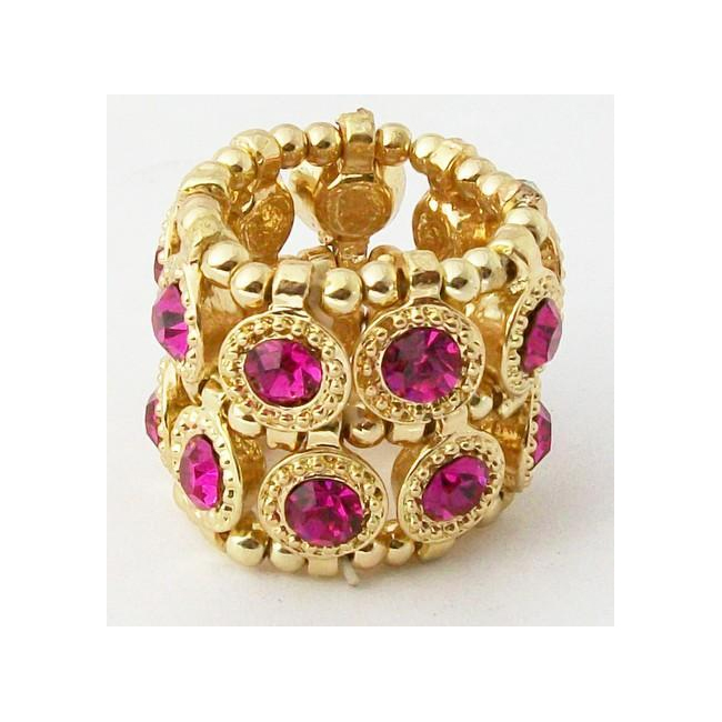 Goldtone Fuchsia Crystal 2-row Disc Stretch Fashion Ring