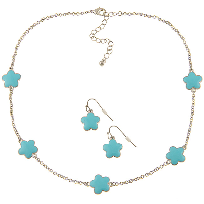 Silvertone Turquoise Enamel Daisy Necklace and Earring Set -16 inches