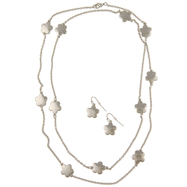 Silvertone Mirror Polish Daisy Necklace and Earring Set