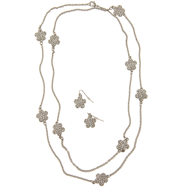 Silvertone Pave Crystal Daisy Necklace and Earring Set