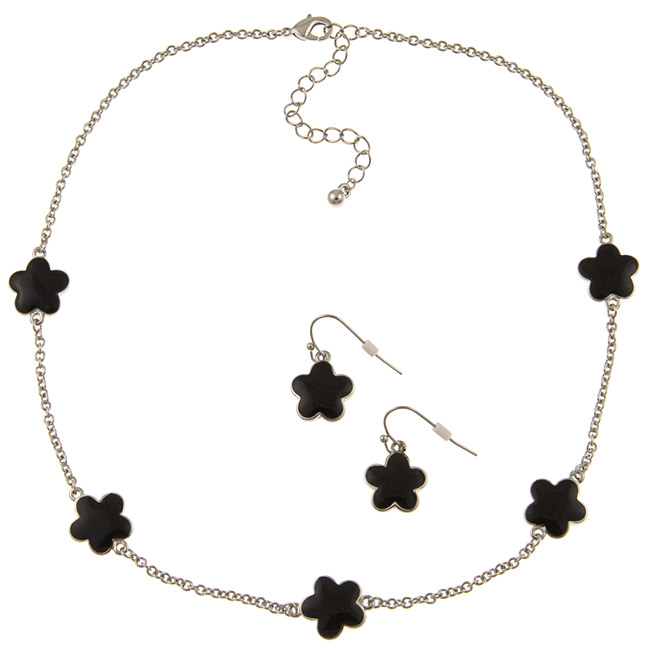 Picture of Zirconmania 610S-255BK-16R Silvertone Black Enamel Daisy Necklace and Earring Set -16 inches