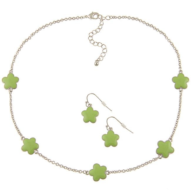 Silvertone Green Enamel Daisy Necklace and Earring Set - Green - 16 inches