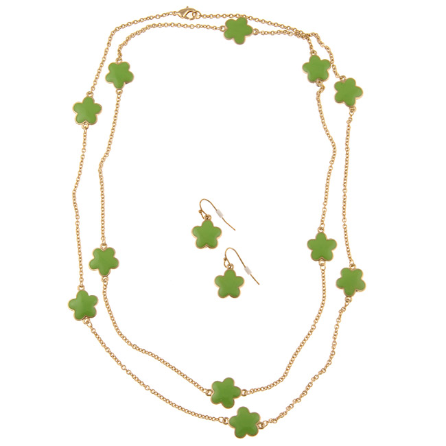 Goldtone Green Enamel Daisy Necklace and Earring Set
