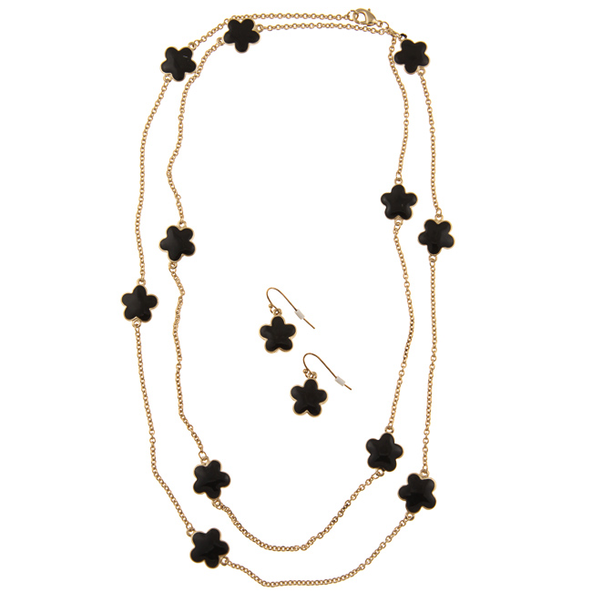 Picture of Zirconmania 610S-256BK-42G Goldtone Black Enamel Daisy Necklace and Earring Set