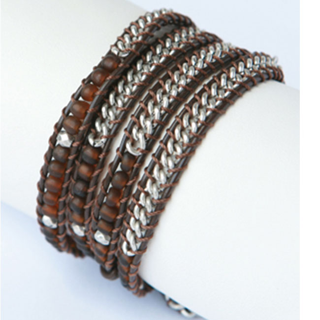 Picture of Zirconmania 610B-8695BRN Silver and Leather Brown Beaded Wrap Bracelet
