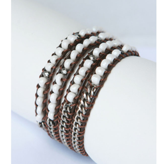Silver and Leather White Beaded Wrap Bracelet