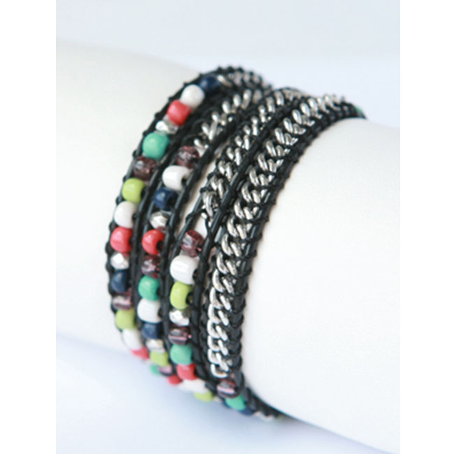 Picture of Zirconmania 610B-8695MLT Silver and Leather Beaded Wrap Bracelet