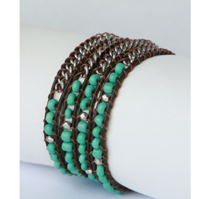 Silver and Leather Green Beaded Wrap Bracelet