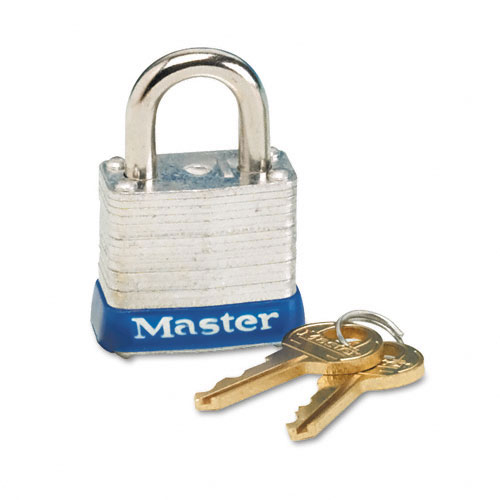 Picture of Master Lock MLK7D Master Lock Four-Pin Tumbler Lock  Laminated Steel Body  1-1/8  Wide  Silver/Blue  Two Keys  EA - MLK7D