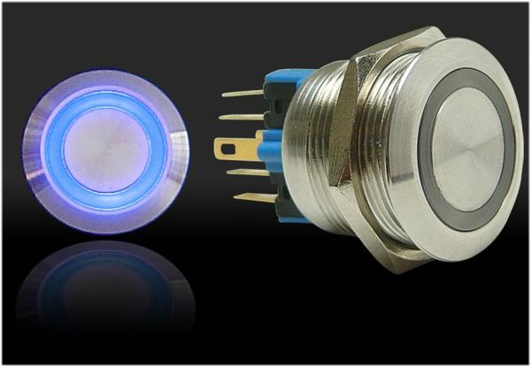 500 22mm Momentary Billet Button with LED Ring - Blue