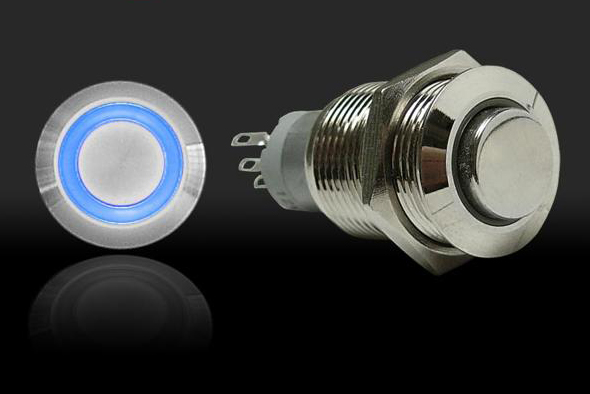 524 16mm Latching Billet Button with LED Ring - Blue