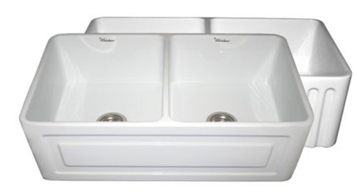 Picture of Whitehaus Collection  WHFLRPL3318-WHITE 33 in. Reversible series fireclay sink with Raised Panel front apron on one side and fluted front apron on other- White