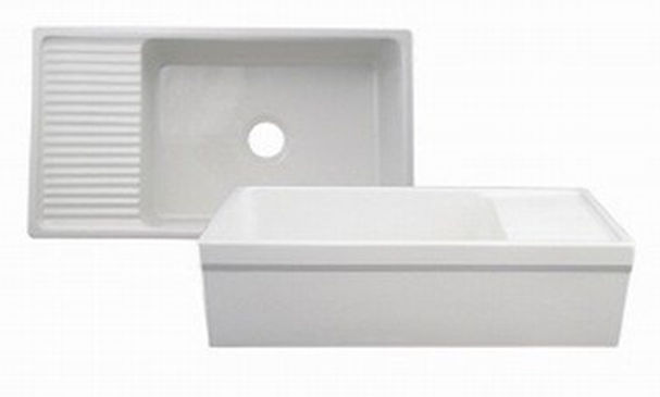 Picture of Whitehaus Collection  WHQD540-WHITE 36 in. Large Quatro Alcove reversible fireclay sink with integral drain board and decorative 2.50 in. lip on both sides- White