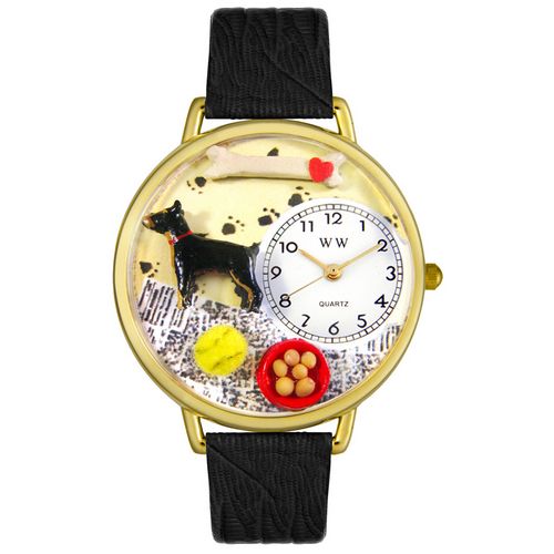 Picture of Whimsical Watches G0130035 Doberman Pinscher Black Skin Leather And Goldtone Watch