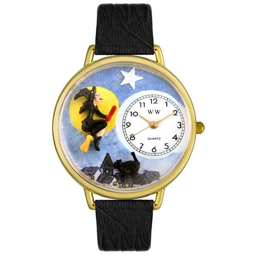 Picture of Whimsical Watches G1220001 Halloween Flying Witch Black Skin Leather And Goldtone Watch