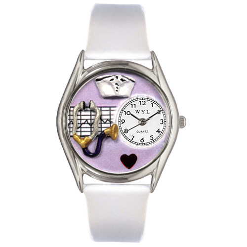 Picture of Whimsical Watches S0610032 Nurse Purple White Leather And Silvertone Watch
