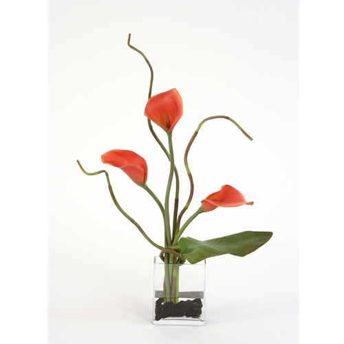 15770A Waterlook Silk Rust Calla Lilies with a Tropical Leaf in Rectangular Glass
