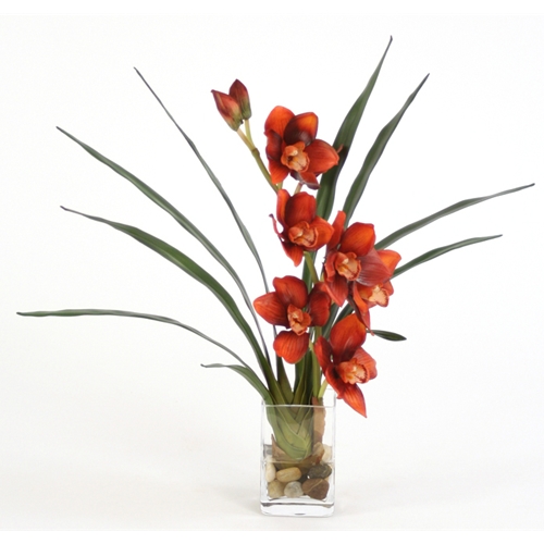 Waterlook Silk Rust Orchid with Fishtail Palm in a Small Vase