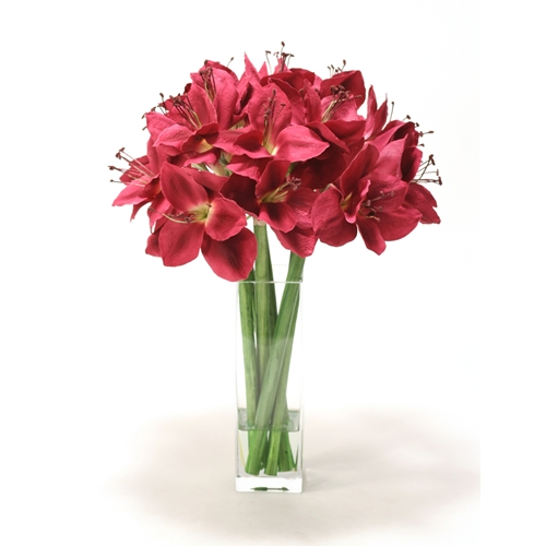 Waterlook Silk Plum Amaryllis in a Tall Square Glass Vase