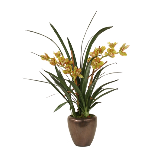 Silk Green Cymbidium Orchids with Blades in a Bronze Modern Planter