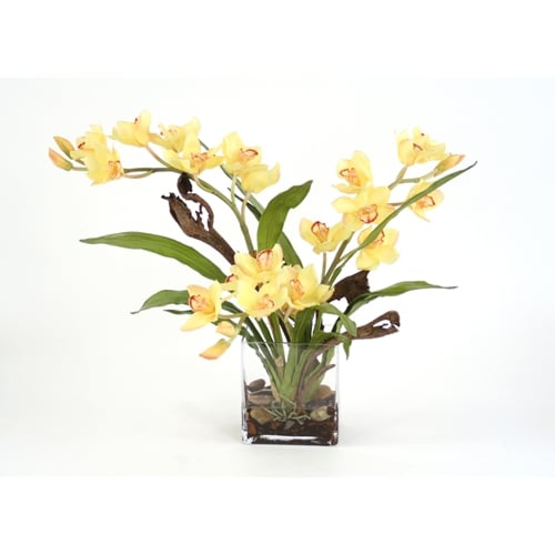 Waterlook Silk Yellow Orchid Plant with Blades and Natrag in a Rectangular Clear Vase