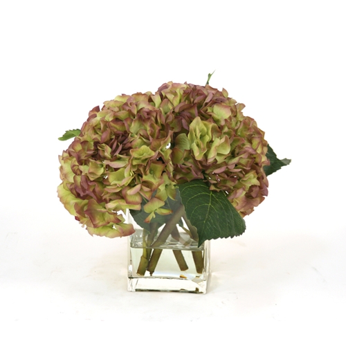 Waterlook Silk Amethyst Hydrangea Nosegay in a Rectangular Glass Vase