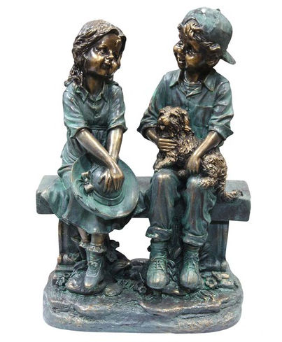 GXT264 Girl and Boy Sitting on Bench with Puppy Statue