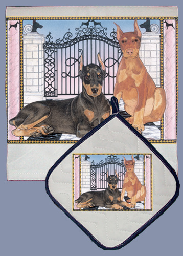 Picture of Pipsqueak Productions DP865 Dish Towel and Pot Holder Set - Doberman