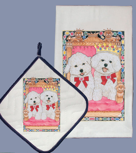 Picture of Pipsqueak Productions DP866 Dish Towel and Pot Holder Set - Bichon Royalties