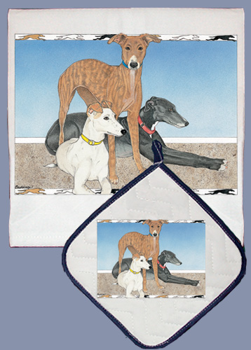 Picture of Pipsqueak Productions DP867 Dish Towel and Pot Holder Set - Greyhound Trio