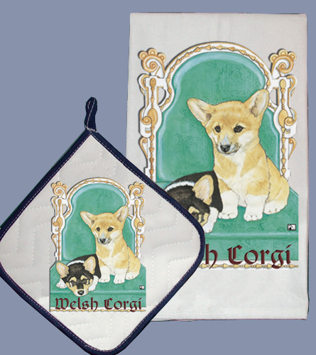 Picture of Pipsqueak Productions DP887 Dish Towel and Pot Holder Set - Welsh Corgi