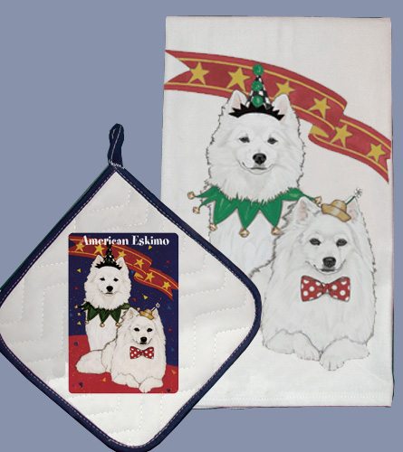Picture of Pipsqueak Productions DP918 Dish Towel and Pot Holder Set - American Eskimo