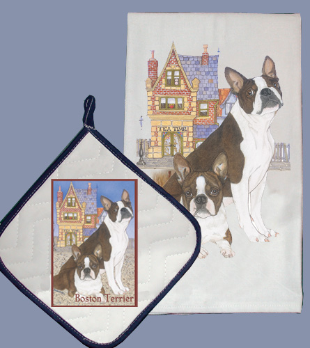 Picture of Pipsqueak Productions DP919 Dish Towel and Pot Holder Set - Boston Terrier
