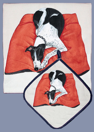 Picture of Pipsqueak Productions DP957 Dish Towel and Pot Holder Set - Greyhound Bl/Wh