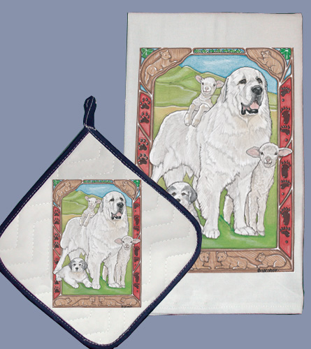 Picture of Pipsqueak Productions DP967 Dish Towel and Pot Holder Set - Great Pyrenees