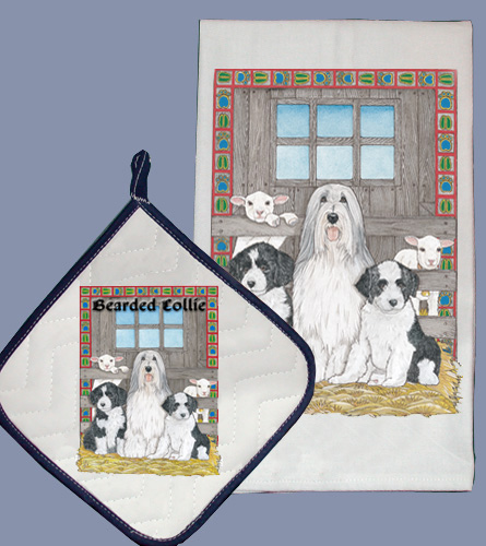Picture of Pipsqueak Productions DP970 Dish Towel and Pot Holder Set - Bearded Collie